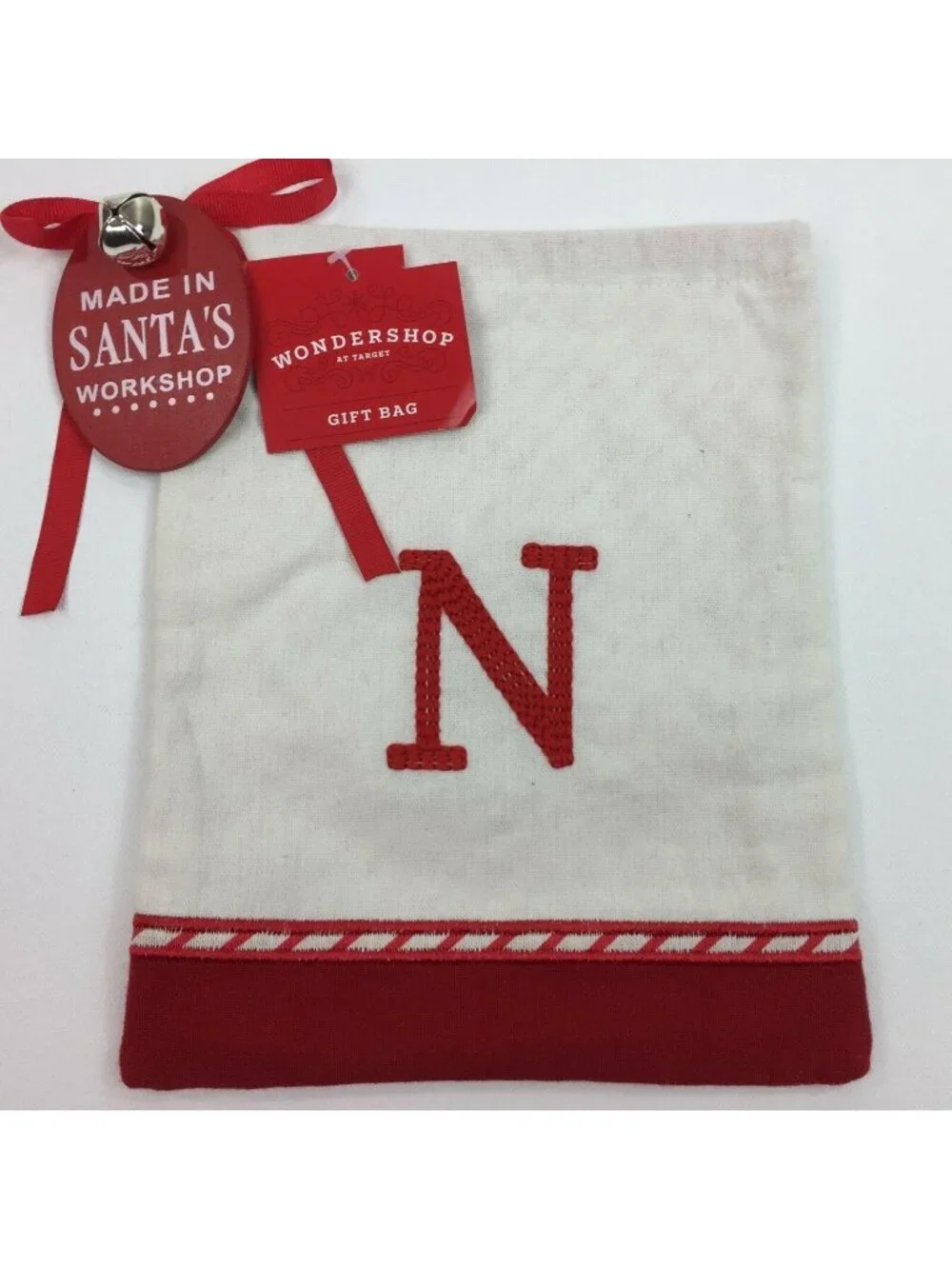 Wondershop White Monogram Red Initial N Drawstring Gift Bag Santas Workshop Bell